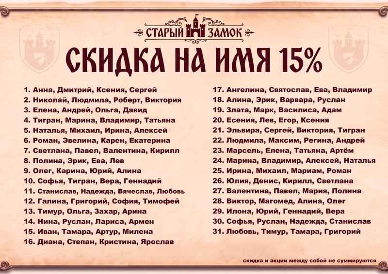 Скидка на имя 15 процентов в августе 2026